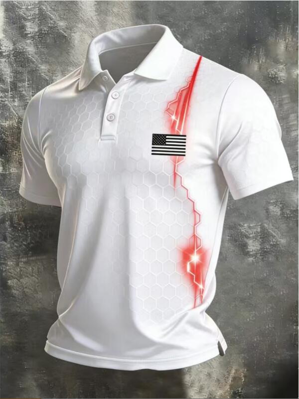 New Hex Honeycomb Mesh Mens Polo T-shirt Mini US Flag Chest Print Red Glow Lightning Graphic Short Sleeve Lapel Collar Summer Outdoor Fishing Casual