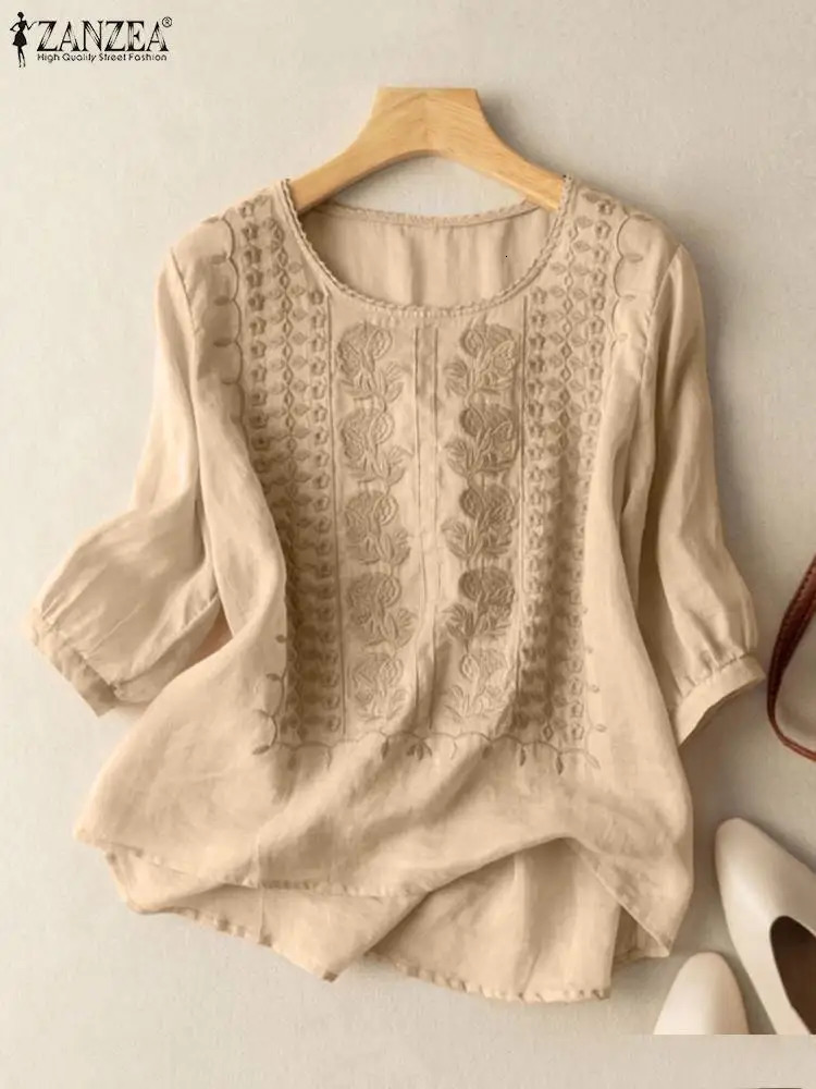 ZANZEA Summer Vintage Lace Crochet Blouse Women O Neck 34 Sleeve Tops Casual Embroidery Shirt Solid Party Work Blusas Oversize 260603BJ