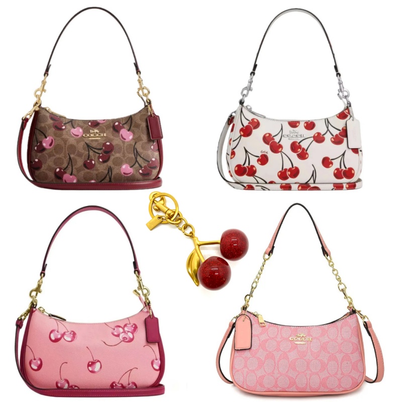 New Cherry Printed Zip Closure Coated Canvas Handbag Medium Women's Shoulder Bag Wallet Cherry Keychain free shipping-image-904133136
