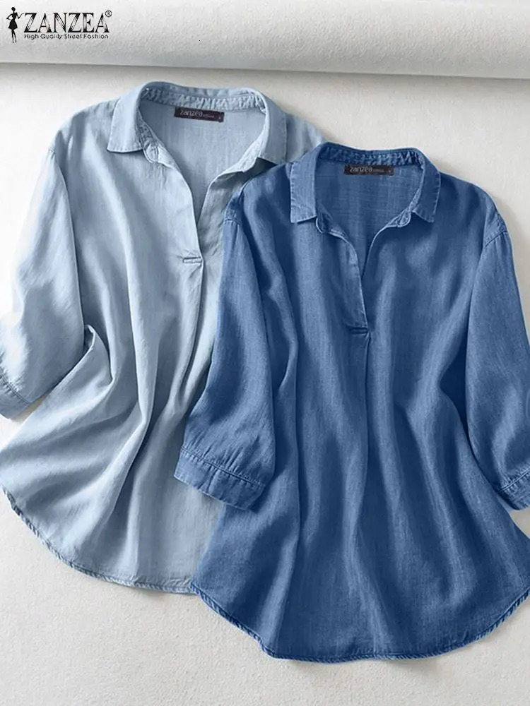 ZANZEA Casual Womens Jeans Blouses Elegant 34 Sleeve Half-Button Collared Shirts Summer Denim-Look Blusas de Mujer Day Wear 260603BJ