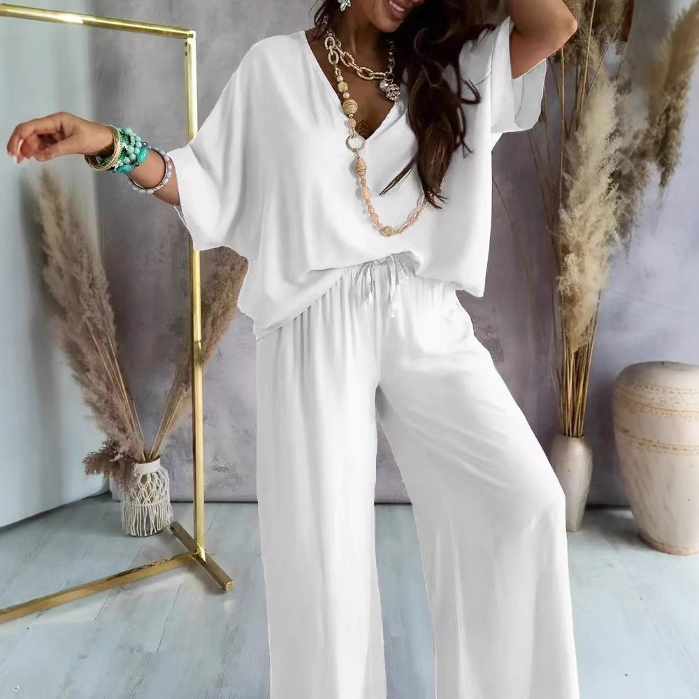 femmes été pantalon costume col en v manches chauve-souris haut décontracté à lacets pantalon ample couleur unie costume deux pièces ensemble 240