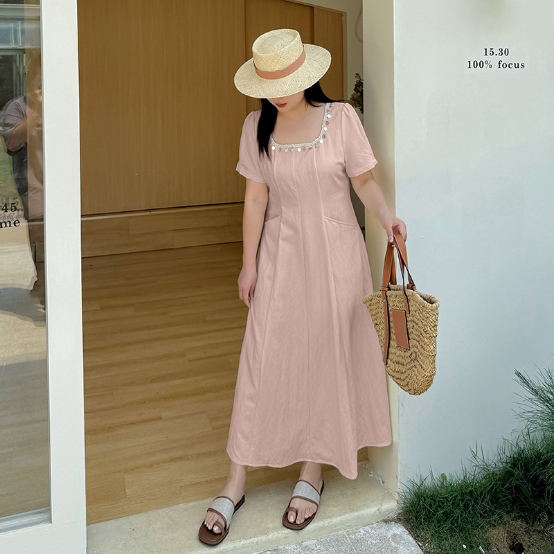 Temperament French Shell U neck Dress 2025 Summer New Plus Size Women's Clothing