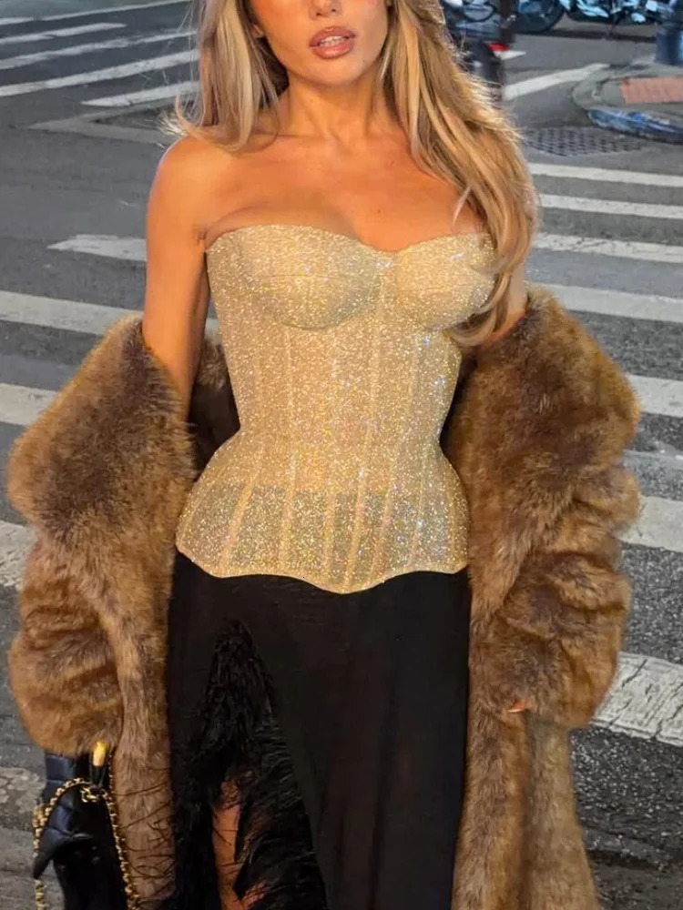 Women Sexy Sequin Lace Up Shell Corset Chic Strapless Backless Off Shoulder Slim Waist Cinching Vest 2026 Lady High Street Top 260603BJ