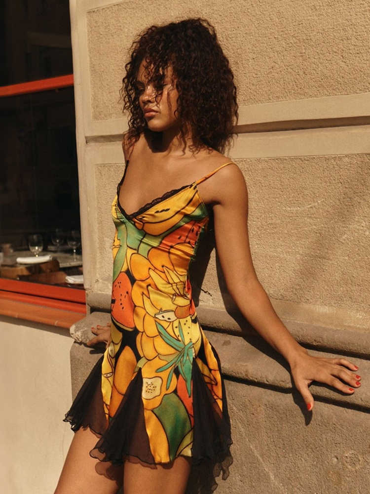 Urban Sexy Dress Mini Whatiwear Fashion Dress Woman Colorful Print Mesh Patchwork Low Neck Backless Sleeveless Summer bodycon Holiday Beach Style Bo