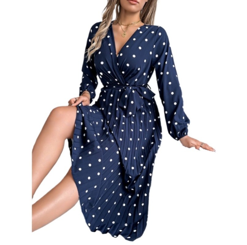 (1890) European and American Autumn and Winter Elegant Contrast Color Polka Dot Cross V-neck Pleated Long Skirt-image-1108987152