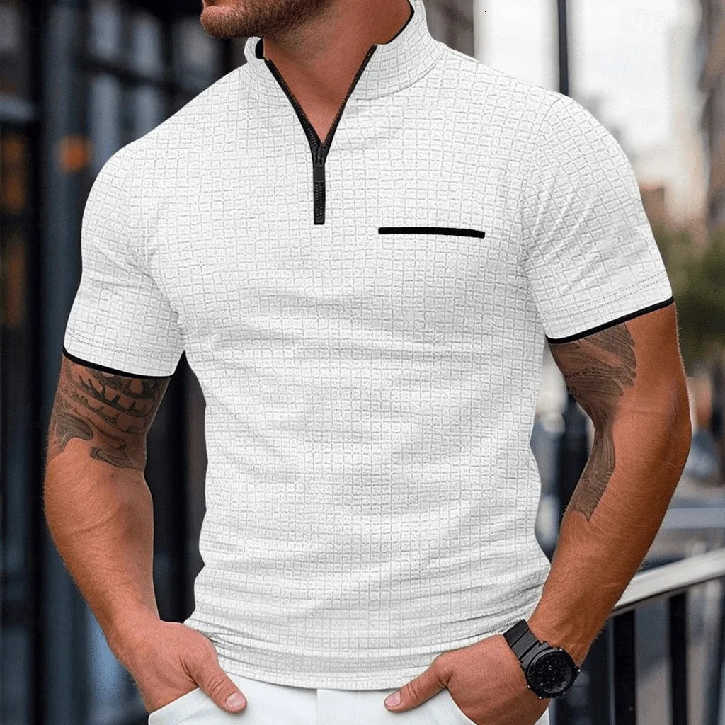 Mens Solid Color Zip-Up Lapel Polo Shirt Loose Casual Streetwear Breathable Soft Lightweight Fashion Daily Short Sleeve Top 260603BJ