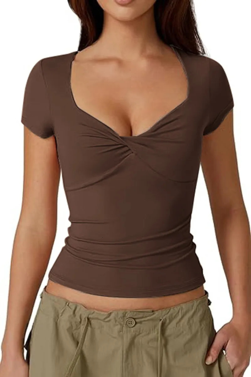 2025 Fashion Womens Deep V Neck Tops Casual Short Sleeve Low Cut Solid Color Slim Fit T-Shirts 260528BJ