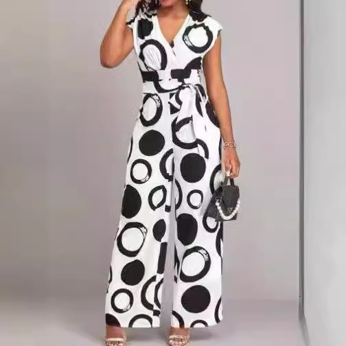 Designer 2026 New European and American Product : Fashionable Elegant Casual V Neck High Waisted Printed Wide Leg Jumpsuit with Belt 08 18
