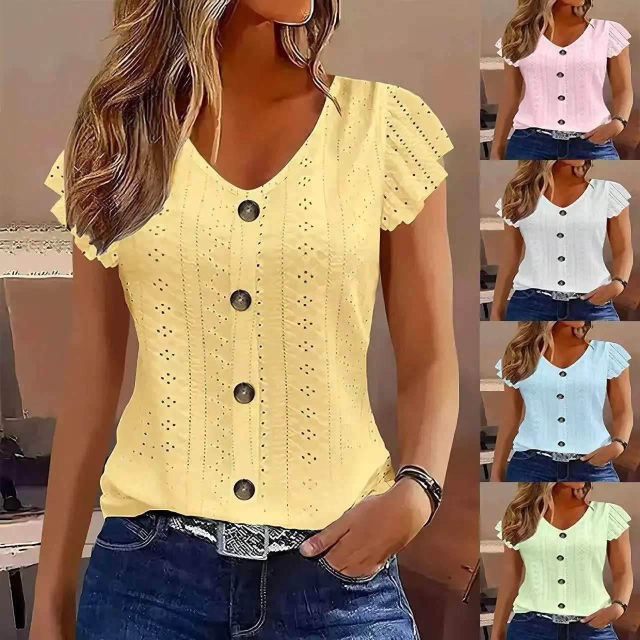 2025 SpringSummer womens fashion stylish commute casual solid color multicolor ruffle sleeve Vneck Tshirt 260528BANJIA
