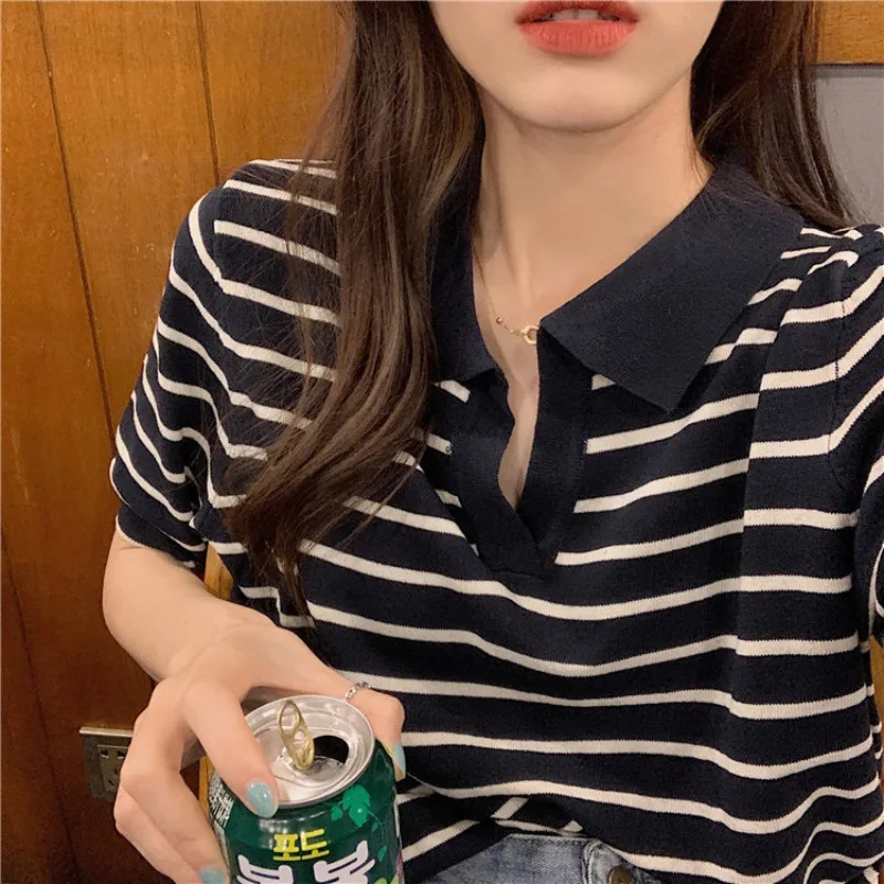 Womens Tshirts and Polo Summer Short Sleeve Turn Down Collar T Shirt Casual Loose Korean Style Top for Daily Wear Ropa Mujer 260528BANJIA
