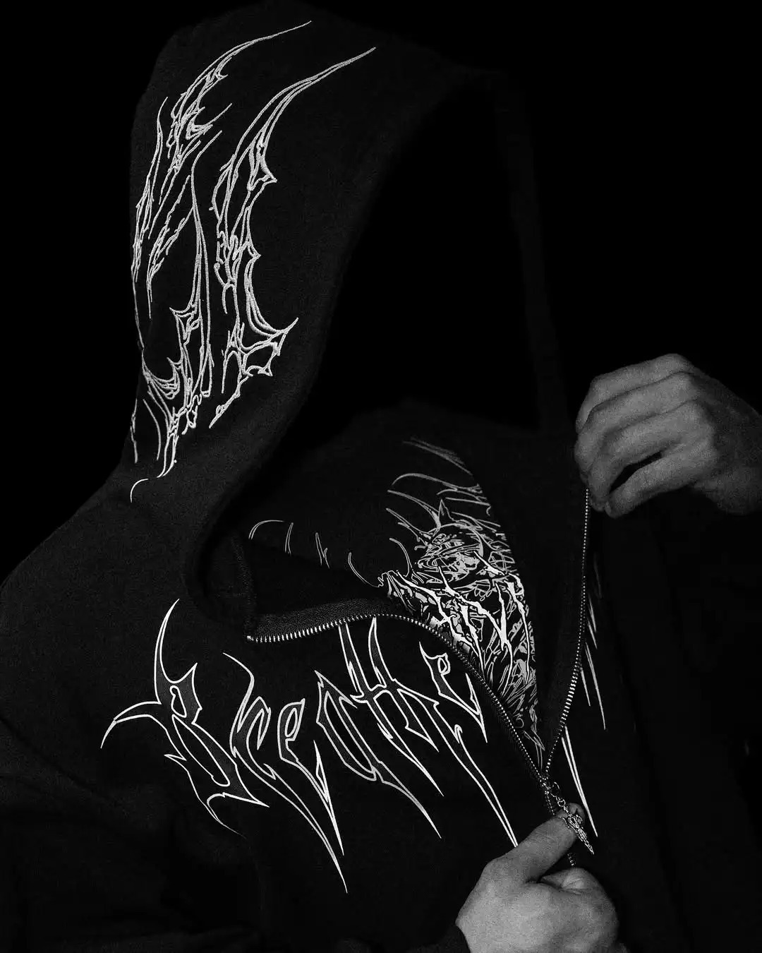 Mens Gothic Style Black Zip Up Hoodie White Skull Pattern Print Loose Fit Long Sleeve Casual Streetwear Hooded Sweatshirt 260603BJ 50