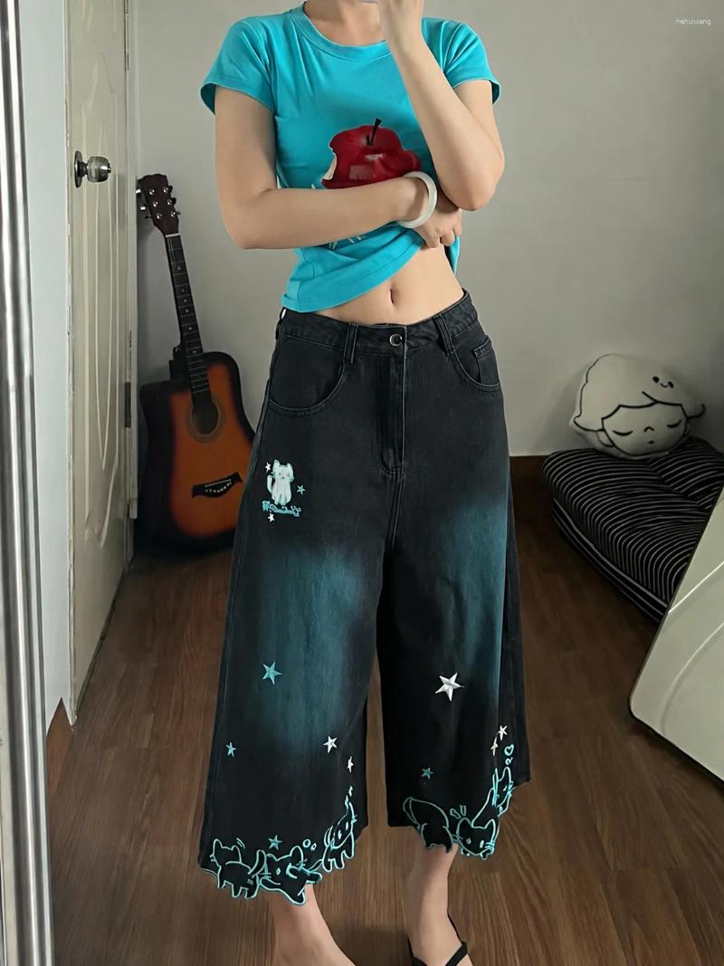 Women's Pants Y2k Harajuku Cartoon Cat Hem Embroidered Jeans Cute Girl Overszied Calf Length Denim Retro Black Washed Streetwear
