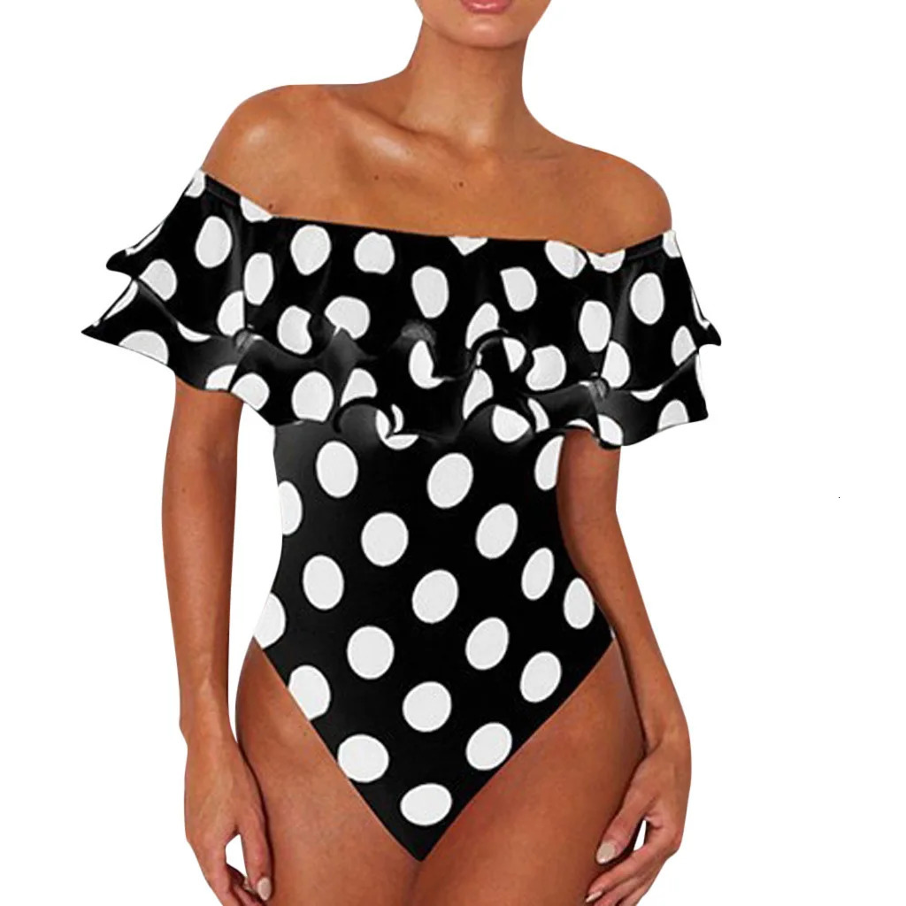 Black and White Polka Dot Ruffled One-Piece Swimsuits Sexy Push Up Bathing Suit Bodysuit Girl Beach Backless Swimwear Monokini 260604bj