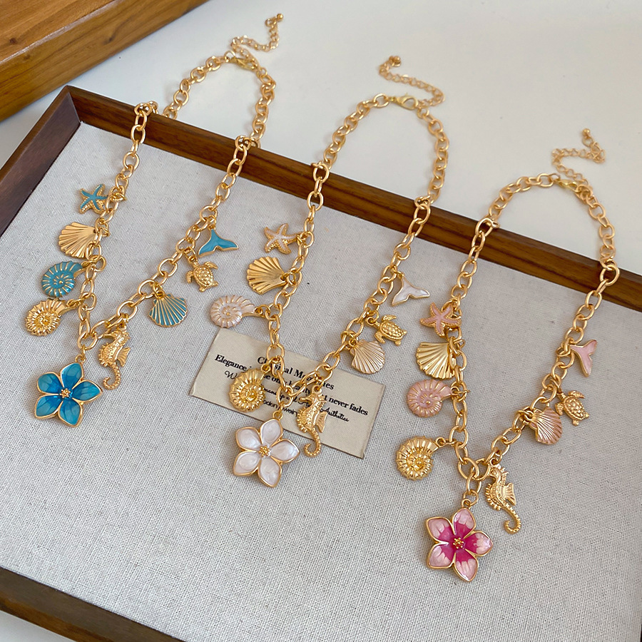 Summer vacation style ocean-themed zircon flower necklace, cross-border niche design clavicle chain, fresh and sweet neck chain-image-1108963653