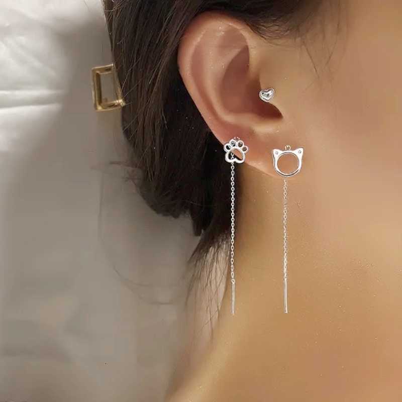 Drop New Cat Cute Hollow Earrings For Women Cat Paw Asymmetry Tassel Long Earline Korean Fashion Silver Color Ear Jewelry M260604