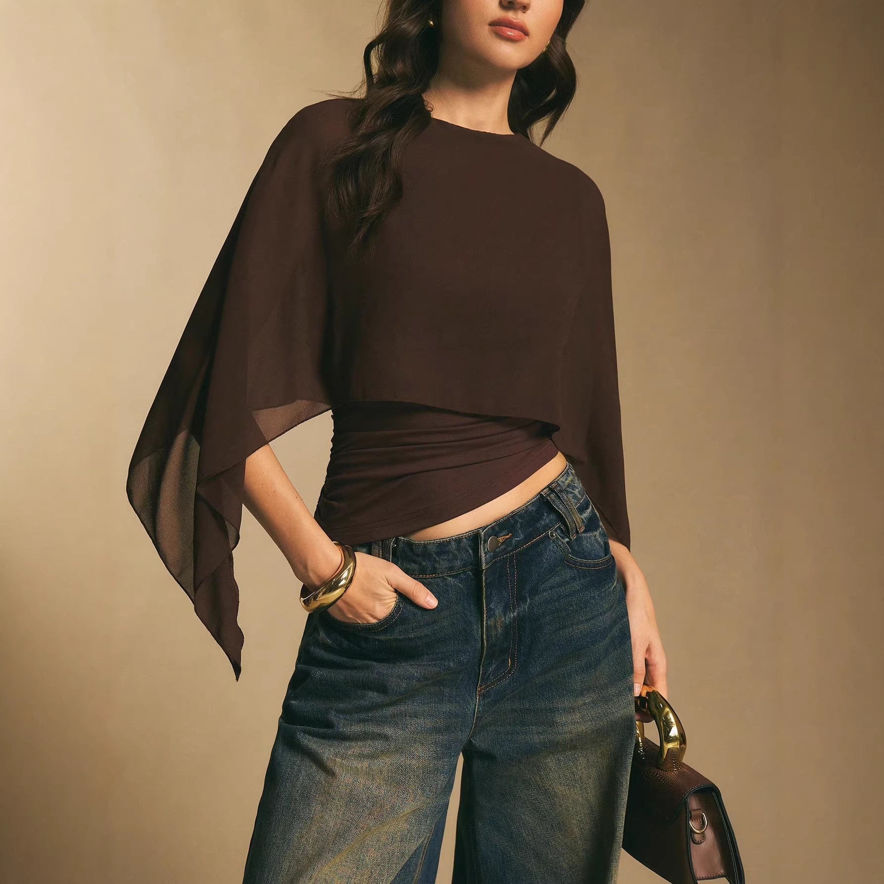 Designer 2026 Summer New Women's Clothing Cape Sleeve T-Shirt Round Neck Loose Chiffon Blouse Elegant Asymmetrical Top for Women