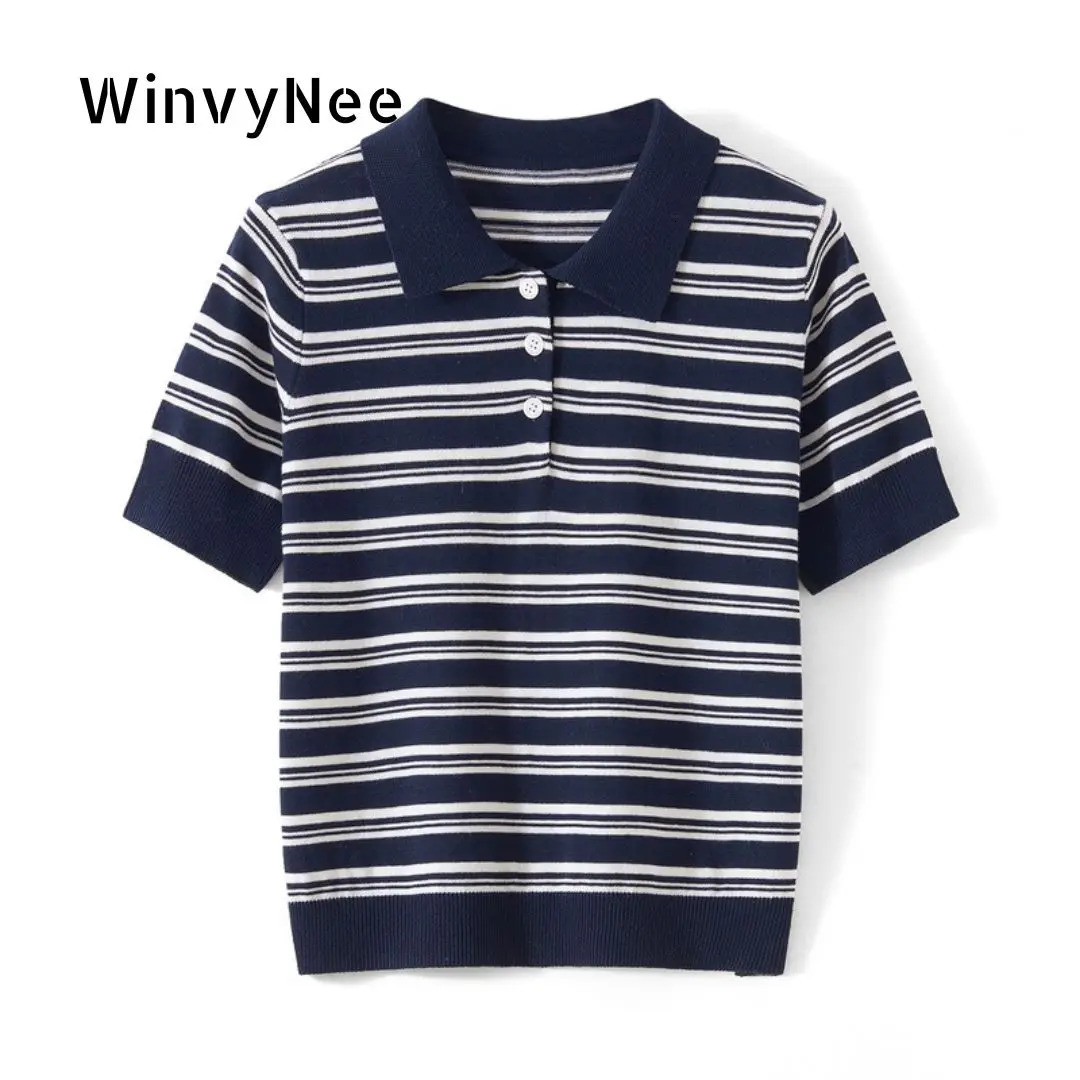 WinvyNee Summer Womens Pure Cotton Sweaters Polo TShirts White Half Sleeve Striped Tees Y2k Outerwears Pullover Tops ZA1523012 260528BANJIA