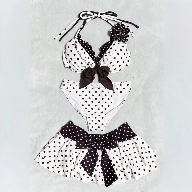 2026 INS Style Cute Swimsuit Summer Fashion Sexy Halterneck Polka Dot Bow Tie Top Skirt Beach Y2k Three-piece Sets 260604bj