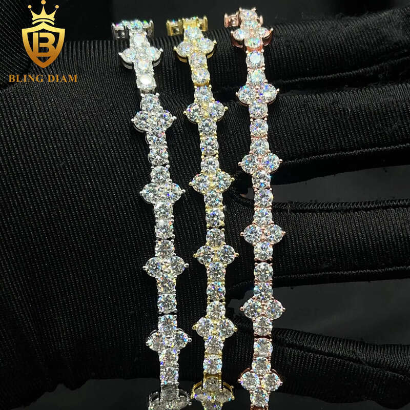 4mm Hip Hop Fine Jewelry 925 Sterling Silver Vvs Moissanite Diamond Cross Tennis Chain Bracelet