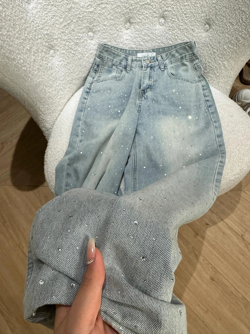 Retro Rhinestone Jeans for Women 2026 Casual Straight Denim Pants Spring Light Blue Narrow Wide Leg Trousers 260604 d2