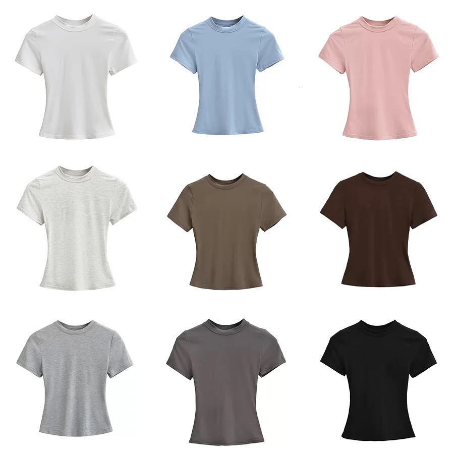 Summer Sexy Women Short-sleeve T-shirt Slim Elastic Skinny Crop Tops Fashion Trend Solid O-neck Ladies Clothing Casual Pullover 260528BJ