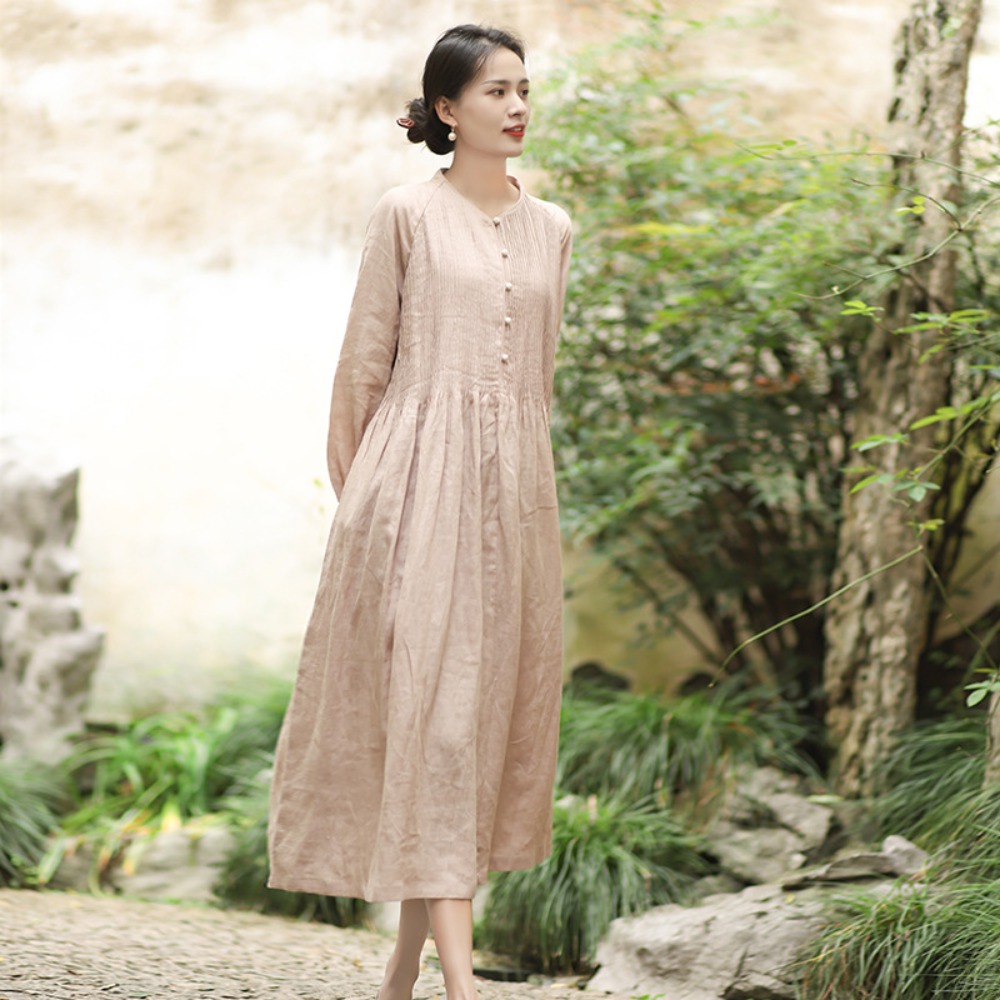 (59) Spring Summer New Arrival Ruched, Slimming, Loose Fit, Artistic Style Maxi Dress