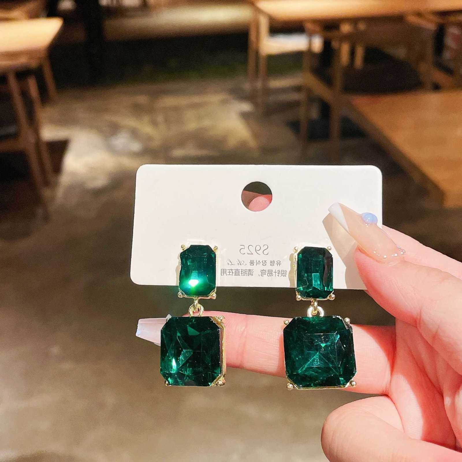 New Exaggerated Design Green LATS Geometric Square Crystal Earrings Fashion Transparent Earrings for Women Jewelry Gift M260604