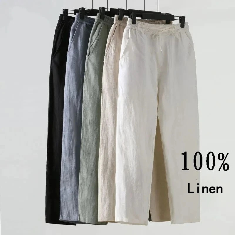 Solid Color Linen Pants Mens Loose Cotton Linen Casual 9 Points Pants Spring Summer Home Straight Soft Comfortable Trousers 260604BJ