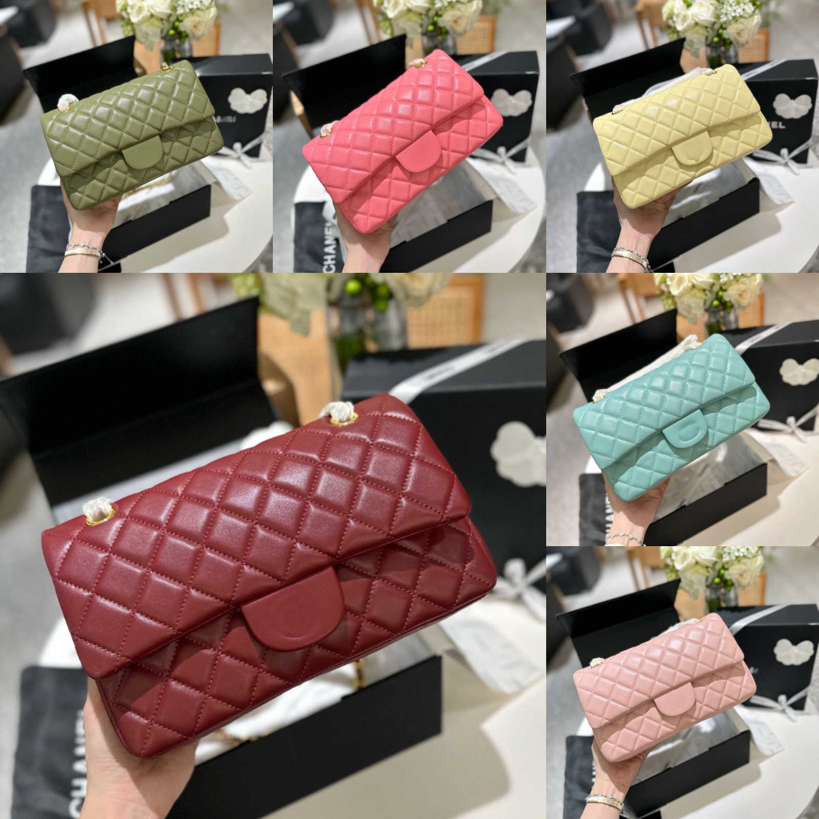 13 couleurs femmes designer classique double rabat sac matelassé en cuir de veau matériel or/argent chaîne matelasse 23 cm luxe bandoulière sac à