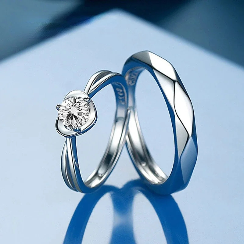Trumium Genuine 925 Sterling Silver Lover Rings Adjustable Ring for Couple Heart Shape Zircon Anniversary Romantic Jewelry 260604BJ
