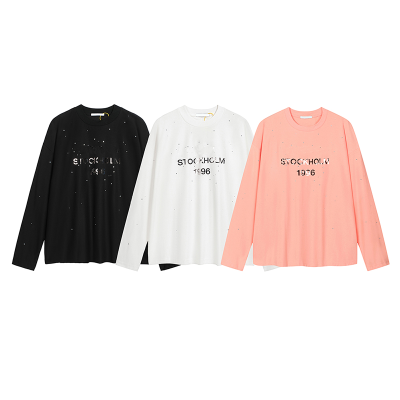 Rhinestone Bling Letter Logo Long Sleeve Oversize T-Shirt Sparkling Glitter Graphic Tee Casual Top For Men Women 26ss 0604