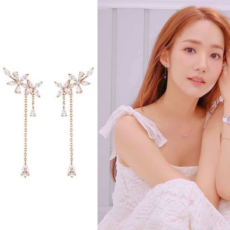 TV New Fashion Women Korean Star Cute Zircon Flower Drop Earrings Elegant Water Drop Long Line Pendientes Jewelry Girl Gifts M260604
