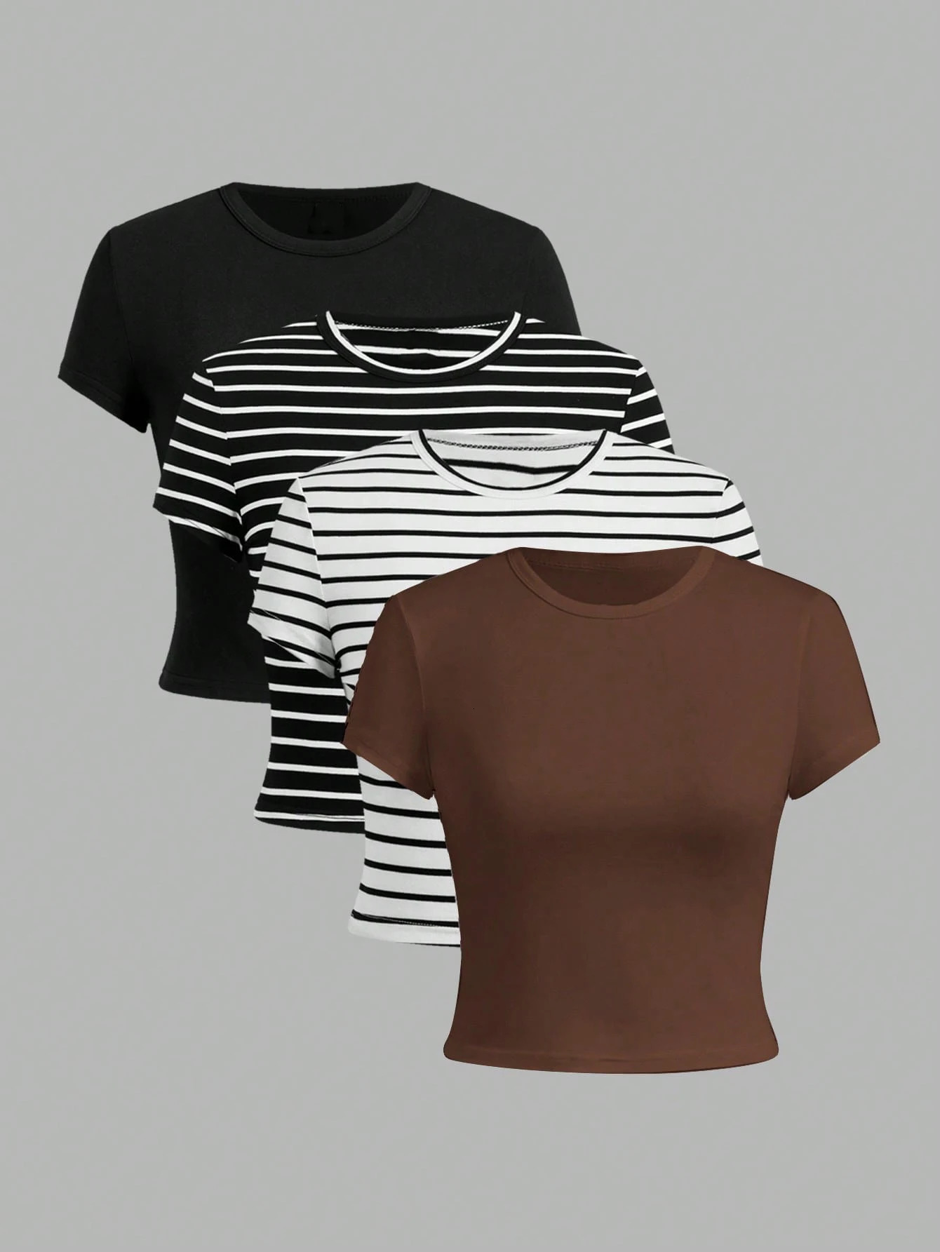 Womens Striped Solid Color T-Shirt 4-Piece Set Short Sleeve Cotton Blend Casual Outfits for Daily Wear 260528BJ