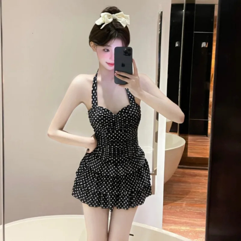Sweet Beige Polka Dot Halter Neck One Piece Swimsuit with Ruched Bodice Tiered Ruffle Skirt Modest Swimwear for Beach Pool 260604bj