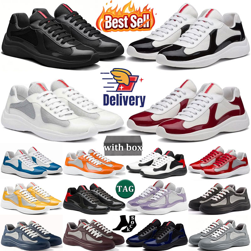 Designer Mens Womens P shoes Cup Sneakers Classic Casual Bright Leather Nylon Outdoor Trainers Comfortable Breathable Americas Cup Running Shoes Mes