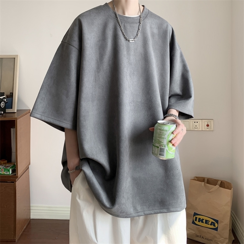 Summer Short Sleeved T-shirt Men Fashion Solid Color Round Neck T Shirt Men Streetwear Loose Suede Tshirt Mens Top M-3XL 260603BJ