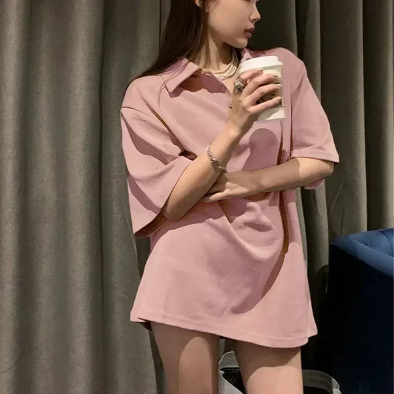 2025 Summer POLO Collar Fashion Versatile Korean Edition Solid Color Short sleeved Womens Tshirt Shirt Large Loose Top 260528BANJIA
