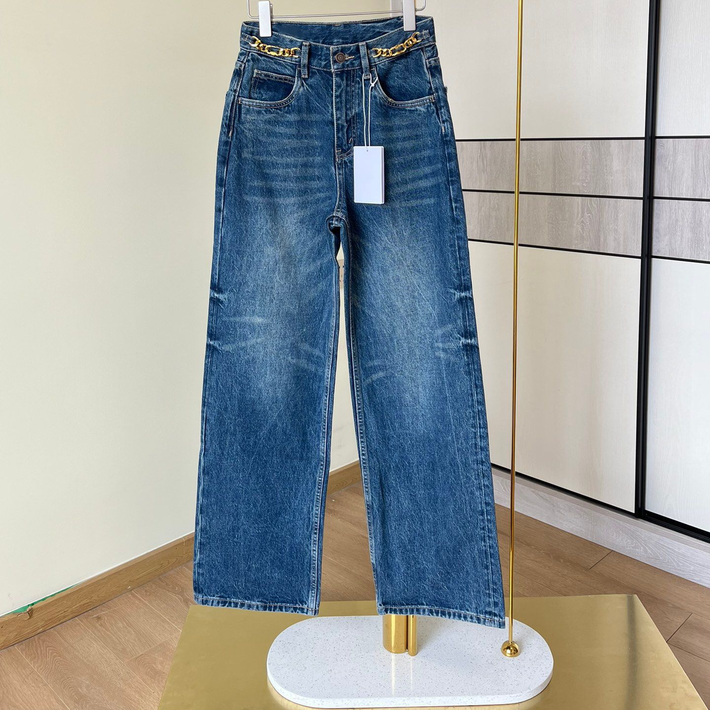 Designer Blue Logo Embroidery Women's Jeans High End Chain Empire Wide-Leg Jeans For Womens 60490