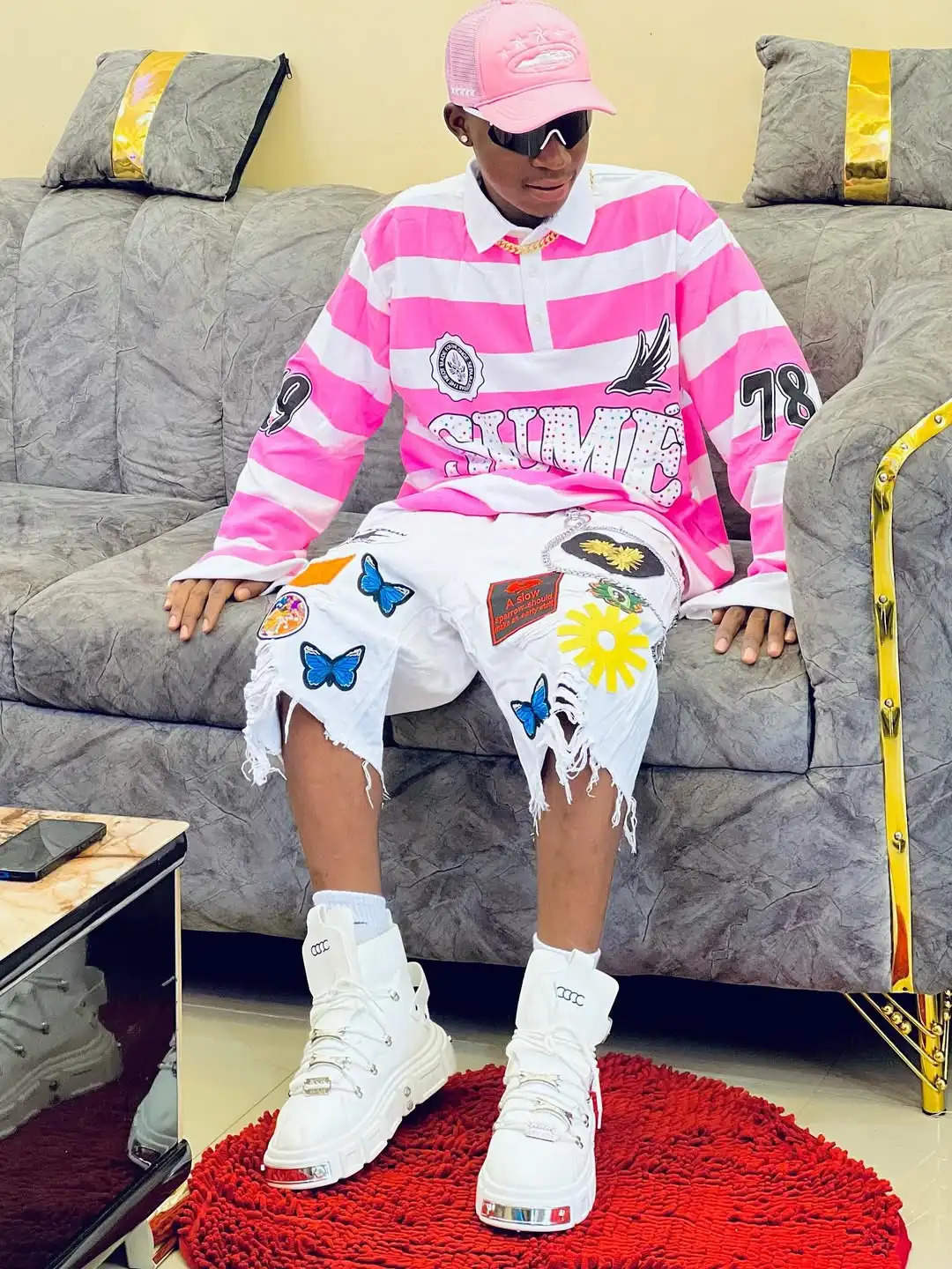 Men Polo Shirt Pink Striped Casual Long Sleeve Turn Collar Shirts with Cuff Number Colorful Sequins Decor Loose Fit Wear 260603BJ 53