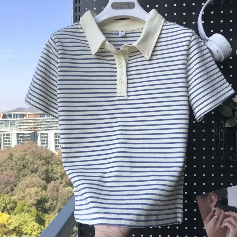 Short Sleeve Polo Neck T Shirt for Striped Women Woman Tshirt Womens Y2k Fashion Aesthetic with Collar Korean Clothing 260528BANJIA