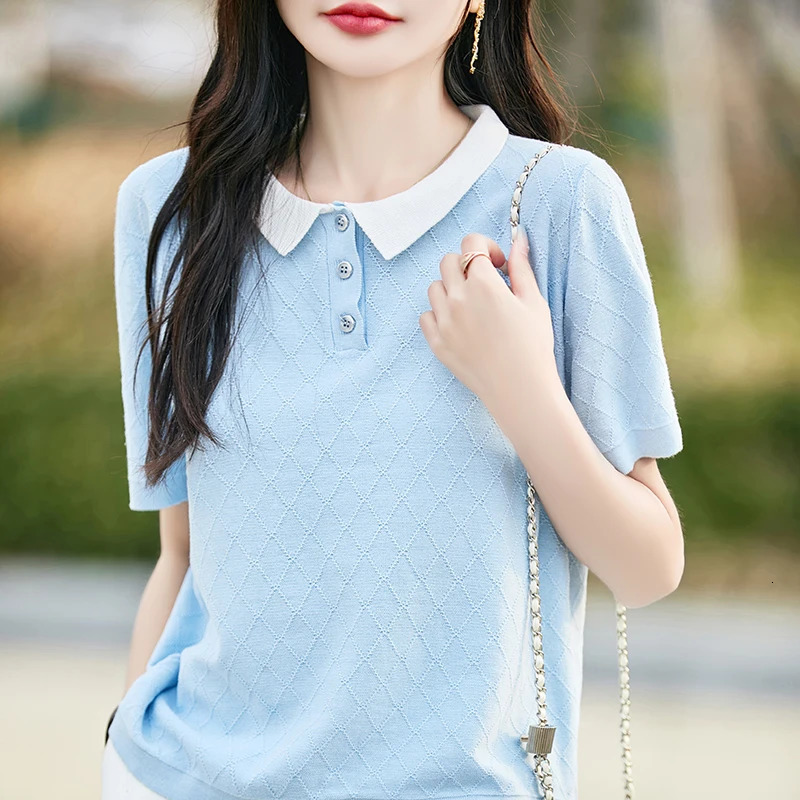 100 Pure Cotton Polo Collar WomenS ShortSleeve Summer Loose Knitted ColorBlock AllCotton TShirt Top For Women 260528BANJIA