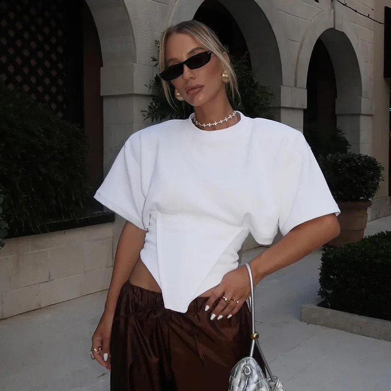Womens Summer Loose Short-Sleeved T-Shirt Round-Neck Tops Slimming And tie n Sense Cinched Waist Solid Streetwear Top 260528BJ