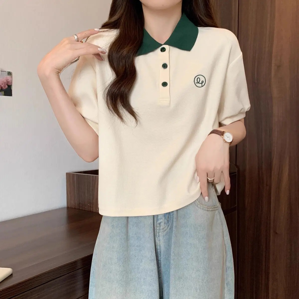 Contrast Color Short Sleeve Woman Button Tshirt Summer Outfit High Quality Sexy Crop Top Y2k Fashion Polo Neck T Shirt for Women 260528BANJIA