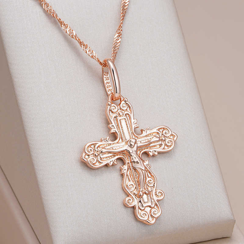 Gold Kinel Luxury 585 Rose Color Cross Pendant Necklace For Women Men Orthodox Church Jesus Glossy Charm Daily Fine Jewelry L260604