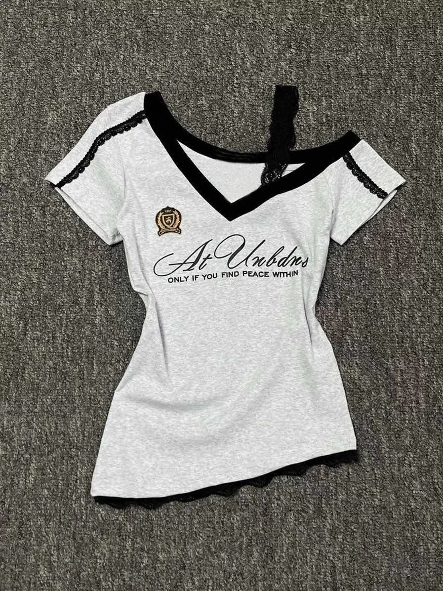 Millennium style Gothic Girl Waist Splicing Lace Strap Short Sleeve T-shirt for Women 2025 Summer navy blue slim fit top 260528BJ