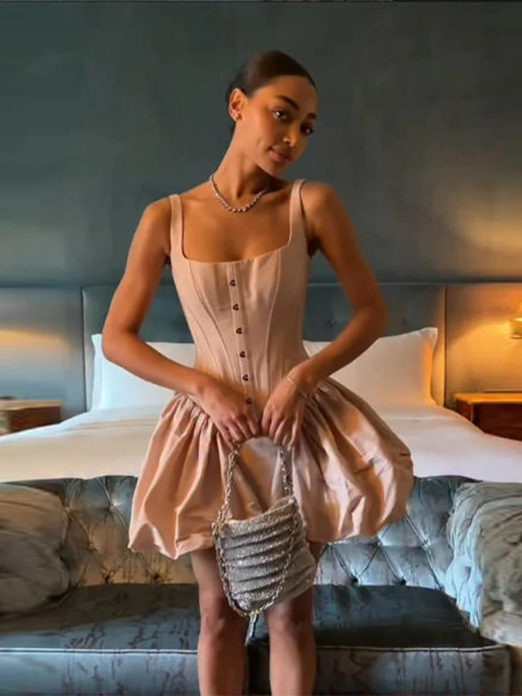 Elegant Sling Fishbone Mini Dress Women Square Neck Bandage A Line Puffy Vestidos Female 2026 Chic Party Evening Dresses 260604BJ