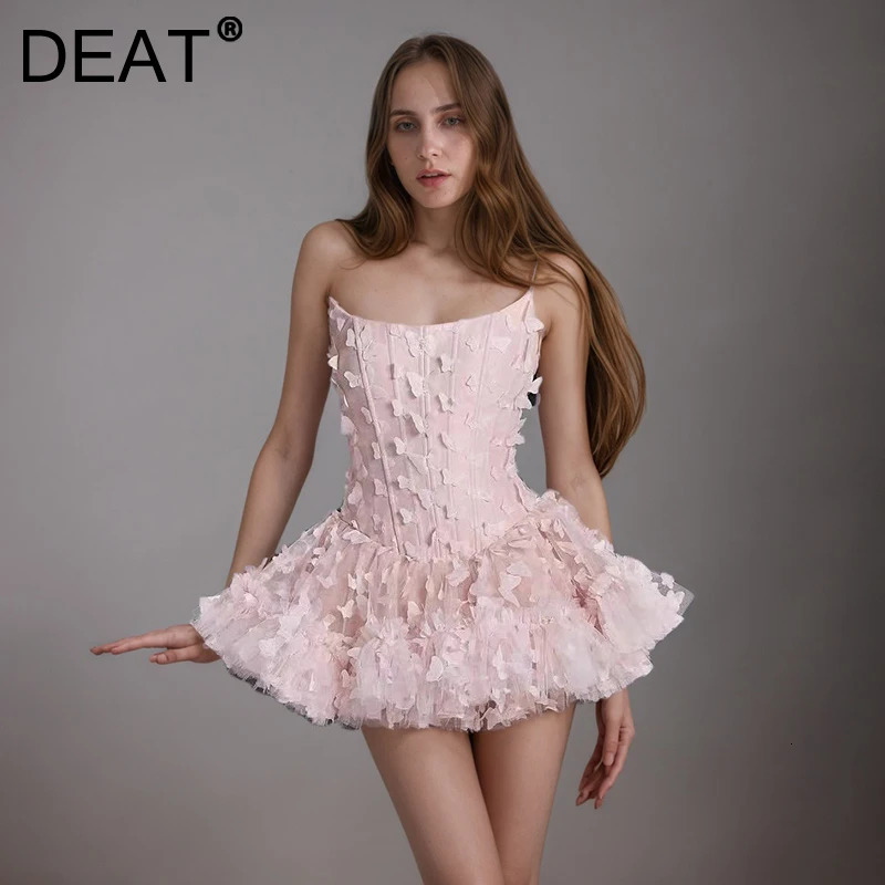 DEAT Fashion Three Dimensional Butterfly Fish Bone Strapless Dress Womens Slim Back Cross Lace Up Mini Dresses Summer 7AB9408 260604BJ