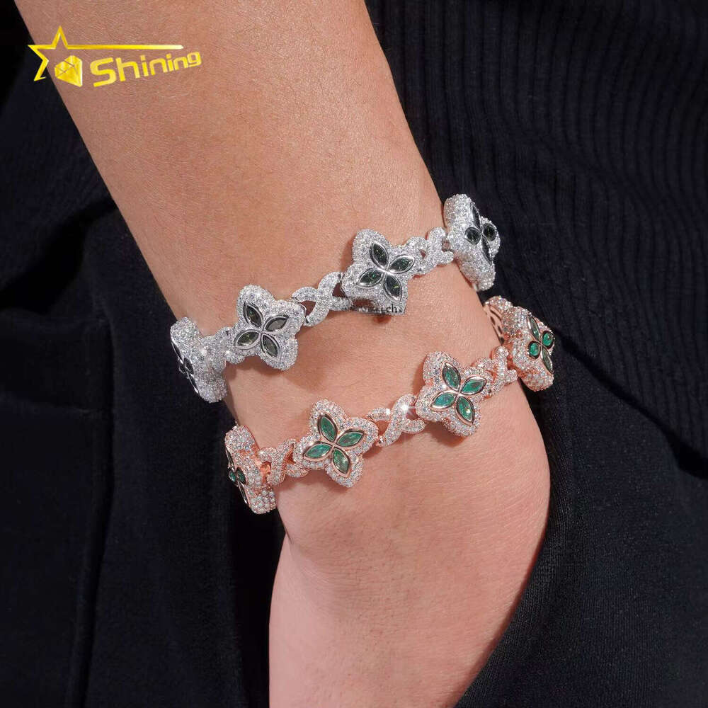 New Design Hot Sale Hip-Hop Blue Green Colorful Marquise 925 Sterling Silver VVS Silicon Stone Iced Bracelet for Men