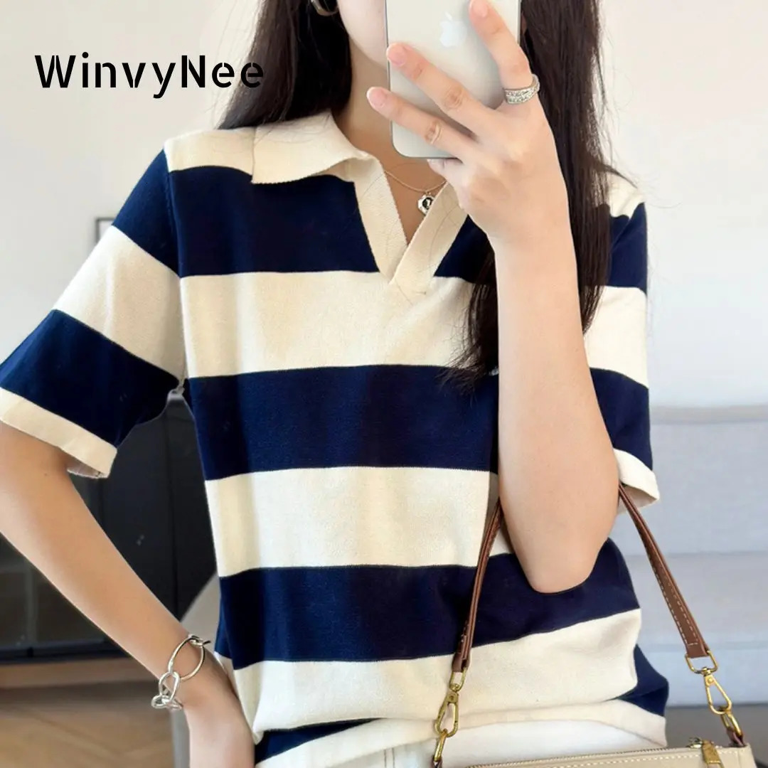 WinvyNee Summer Half Sleeved Womens Solid Polo Shirt Casual Cotton Striped Top Tshirt Women Clothing Knitted A100 260528BANJIA