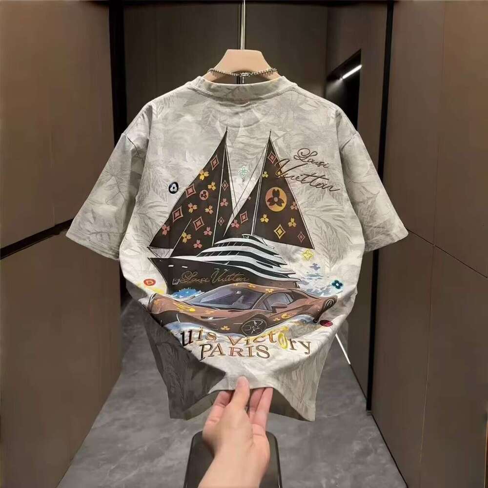 Summer New Men's Painted Panda Short Fashion Heavy Embroidery Print Trendy Brand Base Shirt Half Sleeve Top